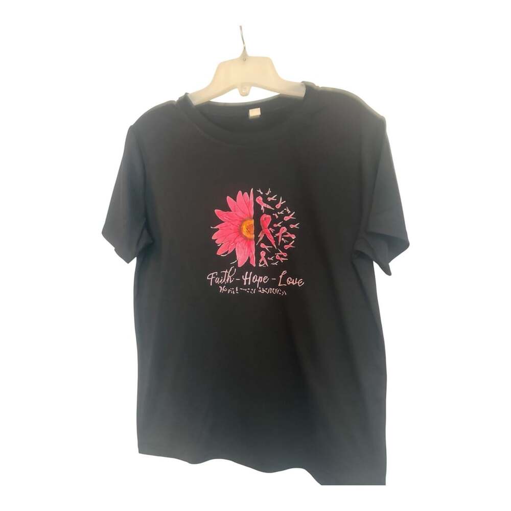 Faith Hope Love Breast Cancer Awareness Graphic T-Shirt Black Short Sleeve